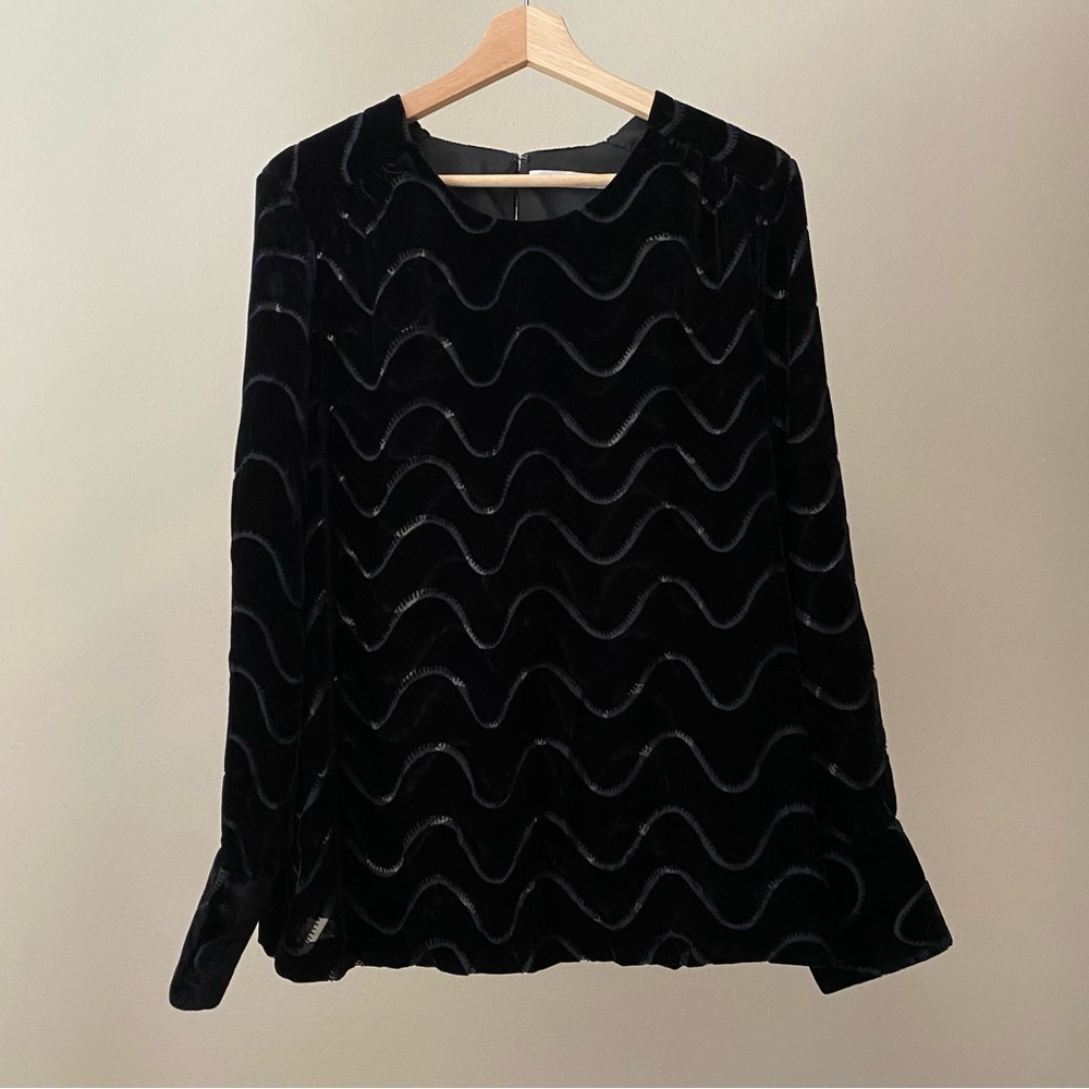 & Other Stories Wavy Velvet Velour Long Sleeve Shirt Top Size 12 Black Minimal